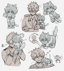 Rule 34 | !?, 2boys, animal, animal ears, animal hands, animal on shoulder, animalization, baa str, bakugou katsuki, blazer, blush, boku no hero academia, cat, cat boy, cat ears, cat tail, closed eyes, closed mouth, collared shirt, commentary, dated commentary, freckles, furrification, furry, furry male, gloves, hair between eyes, highres, jacket, long sleeves, looking at another, male focus, midoriya izuku, mini person, miniboy, monochrome, multiple boys, multiple views, necktie, open mouth, paw gloves, school uniform, shirt, short hair, simple background, sleeping, smile, spiked hair, standing, tail, tail wagging, u.a. school uniform, whiskers, white background, writing, zzz
