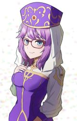 Rule 34 | 1girl, bad id, bad twitter id, blue eyes, closed mouth, commission, eremiya, fire emblem, fire emblem: new mystery of the emblem, glasses, hand on own chest, highres, looking at viewer, medium hair, nintendo, purple hair, simple background, skeb commission, solo, sudachiminorida, upper body