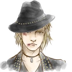 Rule 34 | 1boy, blonde hair, blood, blood from mouth, blood on face, bruise, bruise on face, collar, collarbone, earrings, evan townshend, final fantasy, final fantasy vii, hat, highres, injury, jewelry, looking at viewer, male focus, necklace, simple background, solo, square enix, white background