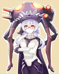 Rule 34 | 10s, 1girl, abyssal ship, adjusting eyewear, bespectacled, bodysuit, breasts, cape, glasses, gloves, kantai collection, kibamigohann, long hair, looking at viewer, pale skin, paper, personification, silver hair, solo, thighhighs, wo-class aircraft carrier, yellow eyes