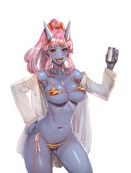 Rule 34 | 1girl, :d, beer can, bikini, bikini under clothes, blue oni, blue skin, body piercings, bow, bow (bhp), breasts, can, choker, cleavage, collarbone, collared shirt, colored skin, covered erect nipples, cowboy shot, dress shirt, drink can, drunk, fangs, gluteal fold, hair bow, halterneck, hand on own hip, heavy breathing, holding, horns, large breasts, long hair, long sleeves, looking at viewer, micro bikini, navel, navel piercing, off shoulder, oni, oni horns, open clothes, open mouth, open shirt, original, piercing, pink hair, pointy ears, ponytail, red bow, red eyes, shiny skin, shirt, side-tie bikini bottom, sidelocks, simple background, sketch, skindentation, smile, solo, stomach, string bikini, swept bangs, swimsuit, swimsuit under clothes, tiger stripes, underboob, white background, white shirt