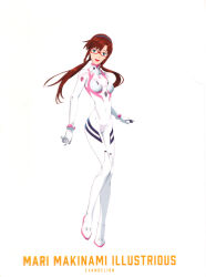 Rule 34 | 1girl, :d, absurdres, artist request, blue eyes, bodysuit, breasts, brown hair, character name, copyright name, covered navel, evangelion: 3.0+1.0 thrice upon a time, full body, glasses, hairband, happy, headband, highres, knees together feet apart, long hair, looking at viewer, makinami mari illustrious, medium breasts, neon genesis evangelion, official alternate costume, official art, open mouth, pilot suit, plugsuit, rebuild of evangelion, red-framed eyewear, scan, simple background, smile, solo, standing, twintails, white background, white bodysuit