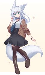 Rule 34 | 1girl, :o, animal ears, black skirt, black thighhighs, blue collar, blush, boots, breasts, brown background, brown footwear, brown jacket, collar, collarbone, fanny pack, fox ears, fox girl, fox tail, full body, green eyes, hair between eyes, hair ornament, hairclip, highres, jacket, long hair, long sleeves, medium breasts, open clothes, open jacket, original, parted lips, pleated skirt, shirt, silver hair, skirt, solo, standing, standing on one leg, surume aburi, tail, thighhighs, thighhighs under boots, white shirt
