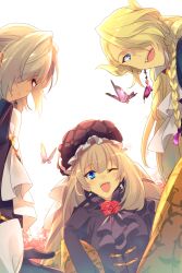 Rule 34 | 1girl, 2boys, antonio salieri (fate), ascot, black dress, black gloves, black hat, black jacket, blonde hair, blue eyes, blue jacket, blush, braid, breasts, bug, butterfly, dress, echo (circa), fate/grand order, fate (series), gloves, grey hair, hair over one eye, hat, insect, jacket, long hair, long sleeves, looking at viewer, marie antoinette (fate), medium breasts, multiple boys, one eye closed, open mouth, red eyes, short hair, sidelocks, smile, twintails, very long hair, white hair, wolfgang amadeus mozart (fate)