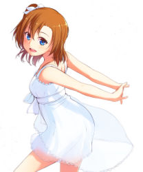 Rule 34 | 10s, 1girl, :d, arms behind back, blue eyes, bow, cowboy shot, dress, hair bow, highres, interlocked fingers, kosaka honoka, lace, lace-trimmed dress, lace trim, looking at viewer, love live!, love live! school idol project, nanotsuki, open mouth, orange hair, own hands together, see-through, short hair, side ponytail, simple background, sleeveless, sleeveless dress, smile, solo, sundress, teeth, white background, white bow, white dress