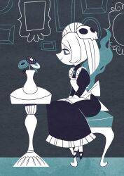 Rule 34 | 1girl, absurdres, apron, bloody marie (skullgirls), brooch, drawing (object), dress, fire, flower, flower pot, frilled apron, frilled dress, frills, from side, hair ornament, highres, jewelry, juliet sleeves, long sleeves, maid headdress, mary janes, monochrome, on3, picture frame, puffy sleeves, shoes, sitting, skull hair ornament, skullgirls, smile, solo, stool, syuondouhu, table, vase