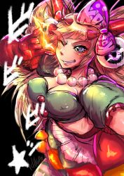 Rule 34 | 1girl, artist name, black background, blonde hair, blue eyes, blush, bow, breasts, cleavage, crown, electricity, covered erect nipples, eyeball, fake horns, gloves, highres, horns, ichigai (hayawossan), jewelry, large breasts, long hair, mini crown, necklace, one eye closed, simple background, solo, star (symbol), sylvie paula paula, teeth, the king of fighters, the king of fighters xiv