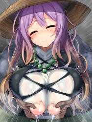 Rule 34 | 1boy, 1girl, ajirogasa, bead necklace, beads, black dress, blush, breasts, brown hair, closed eyes, closed mouth, cross-laced clothes, dark-skinned male, dark skin, dress, grabbing, grabbing another&#039;s breast, grabbing from behind, gradient hair, groping, hat, highres, hijiri byakuren, huge breasts, jakko, jewelry, lactation, layered dress, long hair, multicolored hair, necklace, prayer beads, projectile lactation, purple hair, solo focus, sweat, torn clothes, torn dress, touhou, trembling, turtleneck, turtleneck dress, two-tone hair, upper body, white dress