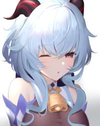 Rule 34 | bell, blue hair, blush, breasts, detached sleeves, ganyu (genshin impact), genshin impact, highres, horns, long hair, looking at viewer, multicolored eyes, neck bell, one eye closed, sidelocks, solo, takmi, upper body, white background, white sleeves