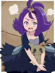 Rule 34 | 1girl, acerola (pokemon), creatures (company), cu-sith, dress, elite four, flipped hair, game freak, gen 7 pokemon, hair ornament, mimikyu, multicolored clothes, multicolored dress, nintendo, open mouth, pokemon, pokemon (creature), pokemon sm, purple eyes, purple hair, short hair, stitches, trial captain