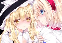 Rule 34 | 2girls, alice margatroid, bad id, bad pixiv id, black headwear, blonde hair, blue eyes, blush, bow, braid, capelet, closed mouth, eye contact, frilled bow, frills, hair between eyes, hair bow, hairband, hat, hat bow, kirisame marisa, long hair, looking at another, multiple girls, nanase nao, profile, red hairband, touhou, upper body, v-shaped eyebrows, wavy mouth, white bow, white capelet, witch hat, yellow eyes