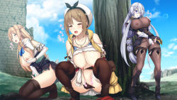 Rule 34 | 3girls, atelier (series), atelier ryza, atelier ryza 1, bare shoulders, blonde hair, blush, bodysuit, braid, breasts, brown eyes, brown hair, cleavage, covered erect nipples, daiaru, day, female masturbation, fingering, gloves, green eyes, hair ornament, hairband, hairclip, hat, heterochromia, jewelry, klaudia valentz, kneeling, large breasts, lila decyrus, long hair, low twintails, masturbation, multiple girls, necklace, nipples, open mouth, outdoors, pantyhose, pubic tattoo, public indecency, public masturbation, pussy, pussy juice, reisalin stout, see-through, short hair, silver hair, spread legs, squatting, standing, tattoo, thighhighs, thighs, tree, twintails, very long hair, white headwear