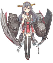 Rule 34 | 10s, 1girl, antennae, bare shoulders, black hair, black thighhighs, cannon, dazzle paint, detached sleeves, haruna (kancolle), headgear, highres, isegawa yasutaka, kantai collection, long hair, long sleeves, looking at viewer, machinery, mecha musume, revision, ribbon-trimmed sleeves, ribbon trim, sash, shirt, simple background, skirt, smile, solo, thighhighs, wide sleeves, yellow eyes, zettai ryouiki