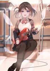 Rule 34 | 1girl, black footwear, black jacket, black pantyhose, blazer, blush, bow, brown hair, classroom, collared shirt, crying, desk, guitar, highres, holding, holding instrument, indoors, instrument, jacket, loafers, looking at viewer, miwano rag, music, on floor, open clothes, open jacket, open mouth, original, pantyhose, playing instrument, purple eyes, red bow, school uniform, shirt, shoes, short hair, sitting, skirt, solo, tears, white shirt