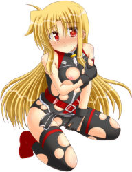 Rule 34 | 00s, 1girl, bare shoulders, belt, blonde hair, blush, breasts, fate testarossa, fate testarossa (true sonic form), gloves, highres, lask, long hair, lyrical nanoha, mahou shoujo lyrical nanoha, mahou shoujo lyrical nanoha strikers, medium breasts, nipples, red eyes, solo, tears, thighhighs, torn clothes