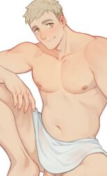 Rule 34 | 1boy, bara, blonde hair, brown eyes, closed mouth, dungeon meshi, erection, highres, laios touden, large pectorals, looking at viewer, male focus, mori doremi, muscular, muscular male, naked towel, navel, nipples, pectorals, penis, short hair, simple background, smile, solo, towel, white background