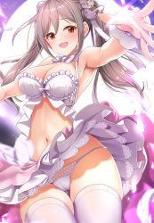 Rule 34 | 1girl, :d, armpits, blush, breasts, cameltoe, cleavage, dress, gluteal fold, grey hair, hair ornament, halter dress, halterneck, highres, idolmaster, idolmaster cinderella girls, idolmaster cinderella girls starlight stage, kanzaki ranko, medium breasts, mk (mod0), navel, open mouth, panties, pleated dress, reaching, reaching towards viewer, red eyes, sleeveless, smile, thick thighs, thighhighs, thighs, twintails, underwear, white dress, white panties, wrist cuffs, zettai ryouiki