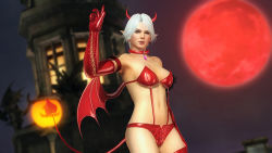 Rule 34 | 1girl, 3d, breasts, christie (doa), dead or alive, dead or alive 5, fang, female focus, full moon, halloween, large breasts, moon, navel, night, official art, outdoors, pointy ears, sky, solo, white hair, wings