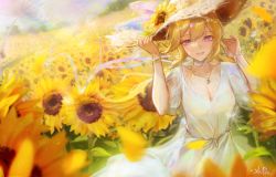 Rule 34 | 1girl, :d, absurdres, alternate costume, blonde hair, blue eyes, breasts, choker, cleavage, collarbone, commentary, cowboy shot, day, dress, english commentary, field, flower, flower field, genshin impact, hand on headwear, hat, hat flower, highres, jean (genshin impact), looking at viewer, medium breasts, open mouth, outdoors, puffy short sleeves, puffy sleeves, revision, short hair, short sleeves, sidelocks, signature, smile, solo, straw hat, sun hat, sunflower, sunflower field, white choker, white dress, xude, yellow flower
