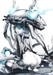 Rule 34 | 10s, 1girl, abyssal ship, ass, blue eyes, bodysuit, boots, butt crack, cape, glowing, glowing eyes, kantai collection, long hair, looking at viewer, looking back, nosuku, pale skin, personification, silver hair, sitting, solo, wo-class aircraft carrier