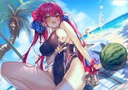 Rule 34 | 1girl, beach, blush, breasts, competition swimsuit, food, fruit, heterochromia, hololive, houshou marine, large breasts, long hair, looking at viewer, one-piece swimsuit, open mouth, palm tree, red eyes, red hair, shuri (84k), sideboob, sitting, skull, smile, solo, sweat, swimsuit, tree, virtual youtuber, watermelon, yellow eyes