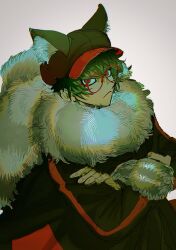 Rule 34 | 1boy, absurdres, animal ear fluff, animal ears, animal hat, black coat, black hat, cabbie hat, closed mouth, coat, commentary request, crossed arms, fake animal ears, fur-trimmed sleeves, fur collar, fur trim, glasses, green hair, grey background, hat, highres, long sleeves, looking at viewer, male focus, master detective archives: rain code, red-framed eyewear, red eyes, round eyewear, short hair, simple background, solo, thxzmgn, upper body, zilch alexander
