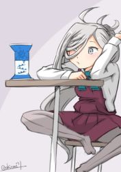 Rule 34 | 1girl, ahoge, asashimo (kancolle), bow, bowtie, commentary request, full body, grey eyes, grey pantyhose, hair over one eye, halterneck, hourglass, kantai collection, long hair, long sleeves, pantyhose, parted lips, ponytail, school uniform, shion (shione71), shirt, signature, silver hair, sitting, solo, stool, table, white shirt
