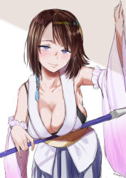 Rule 34 | 1girl, 2019, alternate eye color, arm up, blue eyes, blue hakama, blush, breasts, brown hair, cleavage, closed mouth, collarbone, detached sleeves, final fantasy, final fantasy x, hakama, hakama short skirt, hakama skirt, highres, holding, holding staff, japanese clothes, long sleeves, looking at viewer, medium breasts, short hair, skirt, smile, solo, staff, wide sleeves, yumeno tanuki, yuna