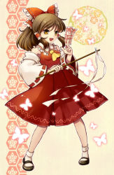 Rule 34 | 1girl, ankle socks, ascot, between fingers, bow, brown hair, bug, butterfly, detached sleeves, flower, gohei, hair bow, hair tubes, hakurei reimu, hexagon, holding, insect, looking away, mary janes, meshifuro neru, ofuda, open mouth, pink background, ponytail, shoes, short hair, sidelocks, skirt, skirt set, socks, solo, touhou, yellow eyes