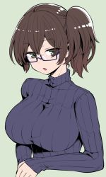 Rule 34 | 10s, 1girl, alternate costume, blue-framed eyewear, breasts, brown hair, glasses, green eyes, hanauna, kaga (kancolle), kantai collection, large breasts, long sleeves, looking at viewer, open mouth, ribbed sweater, semi-rimless eyewear, side ponytail, simple background, solo, sweater, under-rim eyewear, upper body