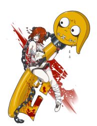 Rule 34 | 1girl, a.b.a, absurdres, asp84, bandages, blood, chain, green eyes, guilty gear, highres, key, key in head, object through head, paracelsus (guilty gear), red hair, short hair