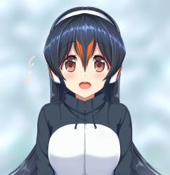 Rule 34 | 10s, 1girl, black hair, black jacket, blurry, blurry background, blush, brown eyes, commentary request, drawstring, flying sweatdrops, gentoo penguin (kemono friends), hair between eyes, headphones, jacket, kemono friends, long hair, multicolored clothes, multicolored hair, multicolored jacket, open mouth, orange hair, revision, solo, upper body, watayoshi (suiiho), white jacket, zipper, zipper pull tab