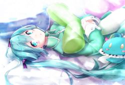 Rule 34 | 1girl, akino coto, aqua eyes, aqua hair, commentary, food, hair ribbon, hatsune miku, hatsune miku graphy collection, holding, holding food, holding spring onion, holding toy, holding vegetable, long hair, looking at viewer, looking to the side, lying, on back, pajamas, ribbon, spring onion, stuffed toy, toy, twintails, vegetable, very long hair, vocaloid