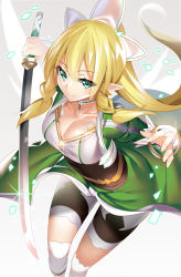 Rule 34 | 1girl, blonde hair, bracelet, breasts, choker, cleavage, closed mouth, collarbone, floating hair, green eyes, hair between eyes, highres, holding, holding sword, holding weapon, jewelry, katana, large breasts, leafa, long hair, machimura komori, pointy ears, shorts, solo, sparkle, sword, sword art online, thighhighs, very long hair, weapon, white shorts, white thighhighs