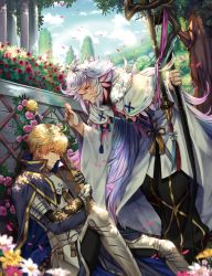 Rule 34 | 2boys, ahoge, armor, armored boots, arthur pendragon (fate), blonde hair, blue cape, boots, cape, daisy, day, dress, fate/prototype, fate (series), floating hair, flower, gauntlets, hair between eyes, holding, holding staff, holding sword, holding weapon, leaning forward, long hair, male focus, merlin (fate/prototype), multiple boys, outdoors, purple flower, red flower, silver hair, sitting, sleeping, staff, sword, very long hair, wani (fadgrith), weapon, white cape