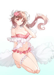 Rule 34 | 1girl, absurdres, alche (benruce), animal ears, antenna hair, arknights, bare legs, bare shoulders, barefoot, bikini, breasts, bridal garter, brown eyes, brown hair, cleavage, closed mouth, collarbone, commentary request, eyjafjalla (arknights), eyjafjalla (summer flower) (arknights), floating hair, flower, full body, hair flower, hair ornament, hand in own hair, hand up, highres, horns, large breasts, long hair, looking at viewer, midriff, navel, off-shoulder bikini, off shoulder, official alternate costume, pink bikini, pink flower, plaid, plaid bikini, sheep ears, sheep girl, sheep horns, shirt, simple background, solo, swimsuit, swimsuit cover-up, white shirt