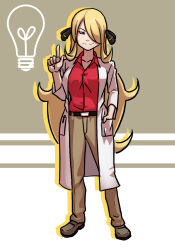 Rule 34 | 1girl, belt, belt buckle, black belt, blonde hair, blush visible through hair, breasts, brown footwear, brown pants, buckle, closed mouth, coat, collarbone, collared shirt, commentary request, cosplay, creatures (company), curly hair, cynthia (pokemon), full body, game freak, habatakuhituji, half-closed eyes, hand in pocket, hand up, index finger raised, large breasts, long hair, medium breasts, nintendo, open clothes, open coat, pants, pokemon, pokemon (anime), pokemon (classic anime), pokemon dppt (anime), red shirt, samuel oak, samuel oak (cosplay), shirt, shoes, smile, solo, split mouth, standing, white coat