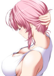 Rule 34 | 1girl, alternate hairstyle, arm up, bare shoulders, blouse, breasts, cleavage, closed eyes, downblouse, from above, hand on own head, highres, holding, holding own hair, large breasts, nape, no bra, nori tamago, pink hair, profile, saigyouji yuyuko, shirt, short hair, simple background, solo, tank top, touhou, upper body, white background, white shirt
