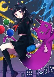 Rule 34 | 1girl, absurdres, animal ears, animal hands, black hair, blunt bangs, blush, candy, cat, cat ears, cat girl, caution tape, chat noir (module), city, crescent moon, eating, envy cat walk (vocaloid), food, gloves, highres, keep out, kneehighs, lollipop, long hair, long sleeves, looking away, looking to the side, midriff, moon, mouth hold, nagitofuu, neckerchief, night, night sky, paw gloves, pleated skirt, purple eyes, school uniform, serafuku, skirt, sky, slime (substance), socks, solo, star (sky), starry sky, vocaloid