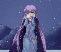 Rule 34 | 1girl, absurdly long hair, bad id, bad pixiv id, belly chain, blue dress, blush, breath, cloak, cold, dress, fire emblem, fire emblem: the binding blade, heavy breathing, highres, holding, holding own hair, jewelry, long hair, mesz410, night, nintendo, open mouth, outdoors, purple cloak, purple eyes, purple hair, snow, snowing, solo, sophia (fire emblem), very long hair