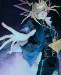 Rule 34 | 1boy, black hair, blonde hair, highres, jacket, long hair, male focus, millennium puzzle, multicolored hair, open clothes, open jacket, reaching, red eyes, red hair, smile, solo, uuu ygo, yami yugi, yu-gi-oh!, yu-gi-oh! duel monsters