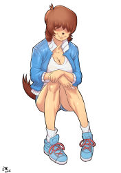 Rule 34 | 1girl, absurdres, animal ears, borrowed character, breasts, brown hair, cigarette, cleavage, colored skin, dog ears, dog tail, full body, furry, furry female, hair over eyes, highres, jacket, john doe, large breasts, loose socks, md5 mismatch, open clothes, open jacket, original, pigeon-toed, resized, resolution mismatch, sam (colo), shoes, short hair, simple background, sitting, smile, sneakers, socks, solo, source smaller, tail, upscaled, yellow skin