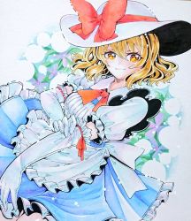 Rule 34 | 1girl, apron, back bow, blonde hair, blue dress, bow, chaka3464, collared dress, dress, elbow gloves, eyelashes, flower, frilled apron, frilled dress, frills, gloves, hat, hat bow, kana anaberal, puffy short sleeves, puffy sleeves, red bow, red ribbon, ribbon, short hair, short sleeves, smile, sun hat, touhou, touhou (pc-98), traditional media, wavy hair, white apron, white bow, white gloves, white hat, yellow eyes