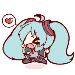 Rule 34 | &gt; &lt;, 1girl, ahoge, blush, chibi, closed eyes, fang, green hair, hatsune miku, heart, long hair, open mouth, outstretched arms, ritateo, running, smile, spread arms, twintails, vocaloid