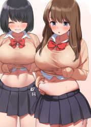 Rule 34 | 2girls, :o, arms under breasts, belly grab, black hair, black skirt, blue eyes, blush, bow, bowtie, breasts, brown hair, closed eyes, clothes lift, collarbone, commentary request, cowboy shot, fang, grin, kaisen chuui, large breasts, long hair, long sleeves, midriff, miniskirt, multiple girls, navel, open mouth, original, panties, pleated skirt, plump, red neckwear, school uniform, shirt, shirt lift, short hair, side-tie panties, side-tie peek, simple background, skirt, smile, stomach, sweatdrop, translation request, underwear, weight conscious, white background, white shirt