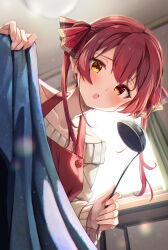 Rule 34 | 1girl, :o, apron, blush, collarbone, hair ribbon, heterochromia, highres, holding, holding ladle, hololive, houshou marine, ladle, long hair, long sleeves, looking at viewer, open mouth, red apron, red eyes, red hair, red ribbon, ribbon, solo, summer tail720, sweater, twintails, virtual youtuber, yellow eyes