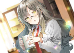 Rule 34 | 1girl, blonde hair, blurry, blurry background, blush, brown vest, coat, cup, futaba rio, glasses, hario 4, holding, holding cup, indoors, lab coat, long hair, messy hair, necktie, open clothes, open coat, open mouth, red necktie, seishun buta yarou, shirt, signature, solo, upper body, vest, white shirt, yellow eyes