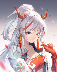 Rule 34 | 1girl, arknights, arm tattoo, bandeau, braid, breasts, colored skin, dragon girl, dragon horns, ear piercing, gradient background, grey background, highres, horns, jacket, long hair, looking at viewer, medium breasts, multicolored hair, nian (arknights), open clothes, open jacket, piercing, pointy ears, ponytail, purple eyes, red bandeau, red hair, red skin, shorts, solo, streaked hair, tattoo, upper body, uza, white background, white hair, white jacket