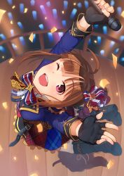 Rule 34 | 1girl, black footwear, black gloves, blue bow, blush, boots, bow, breasts, brown hair, confetti, drill hair, fingerless gloves, gloves, hair bow, high heel boots, high heels, highres, holding, holding microphone, idolmaster, idolmaster million live!, idolmaster million live! theater days, kamille (vcx68), looking at viewer, medium breasts, microphone, one eye closed, open mouth, purple eyes, short hair, side drill, smile, solo, teeth, yokoyama nao