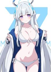 Rule 34 | 1girl, bikini, blue archive, blush, breasts, cleavage, closed mouth, collarbone, cowboy shot, grey hair, halo, highres, jacket, kousuke0912, large breasts, long hair, long sleeves, looking at viewer, mechanical halo, navel, noa (blue archive), open clothes, open jacket, purple eyes, smile, solo, swimsuit, white bikini, white jacket